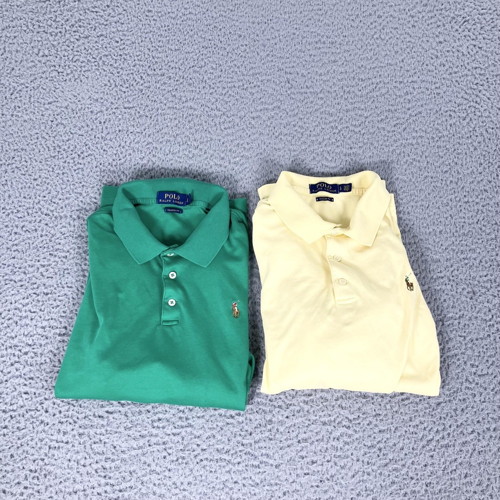 Polo Ralph Lauren Polo Shirt Mens Large Lot Of 2 Green Yellow Classic Fit Cotton